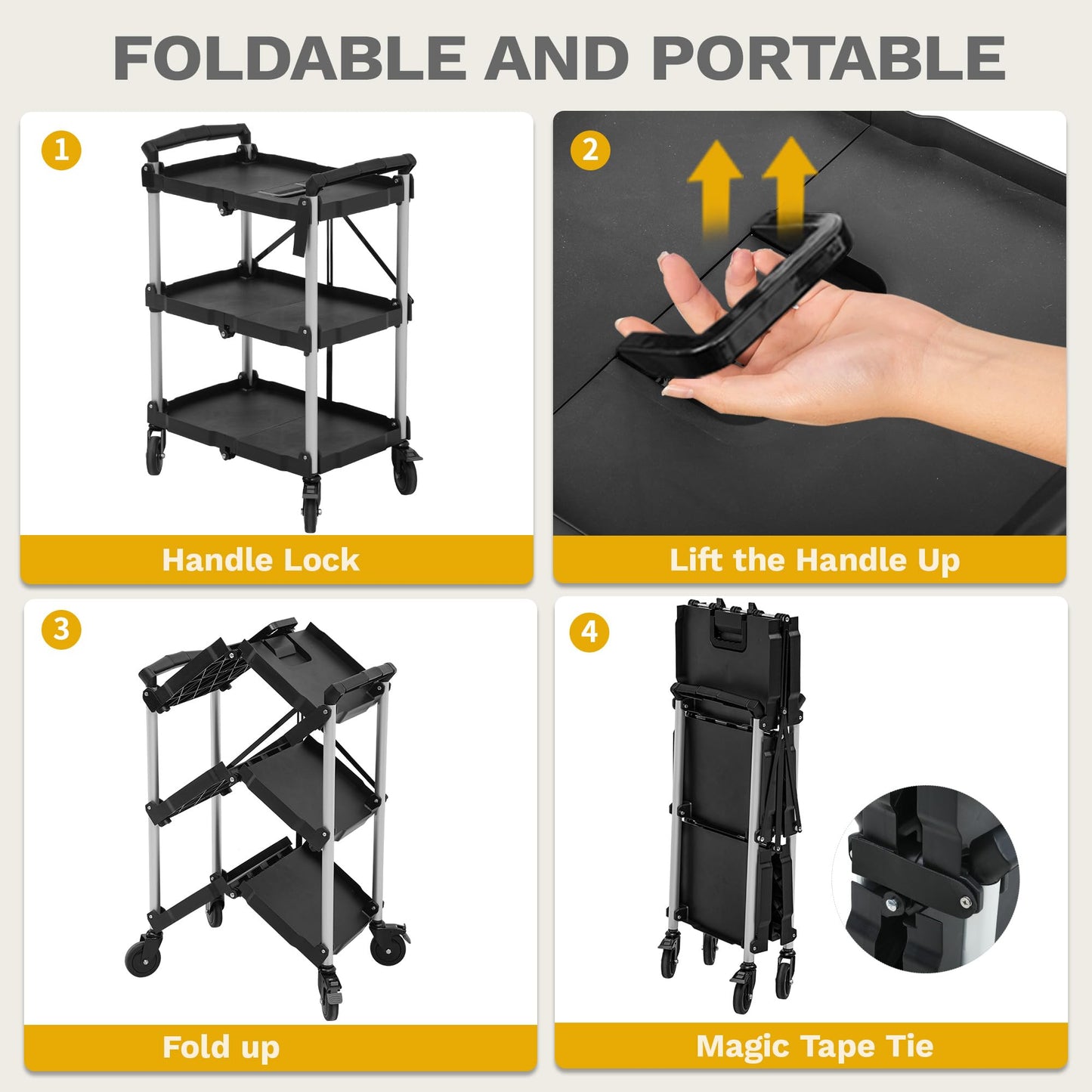 DWVO 3-Tier Folding Utility Cart, Foldable Service Cart Heavy Duty Collapsible Rolling Cart with 360° Swivel Wheels and Brake, 350LBS Load Capacity Portable Utility Cart for Kitchen, Warehouse, Garage