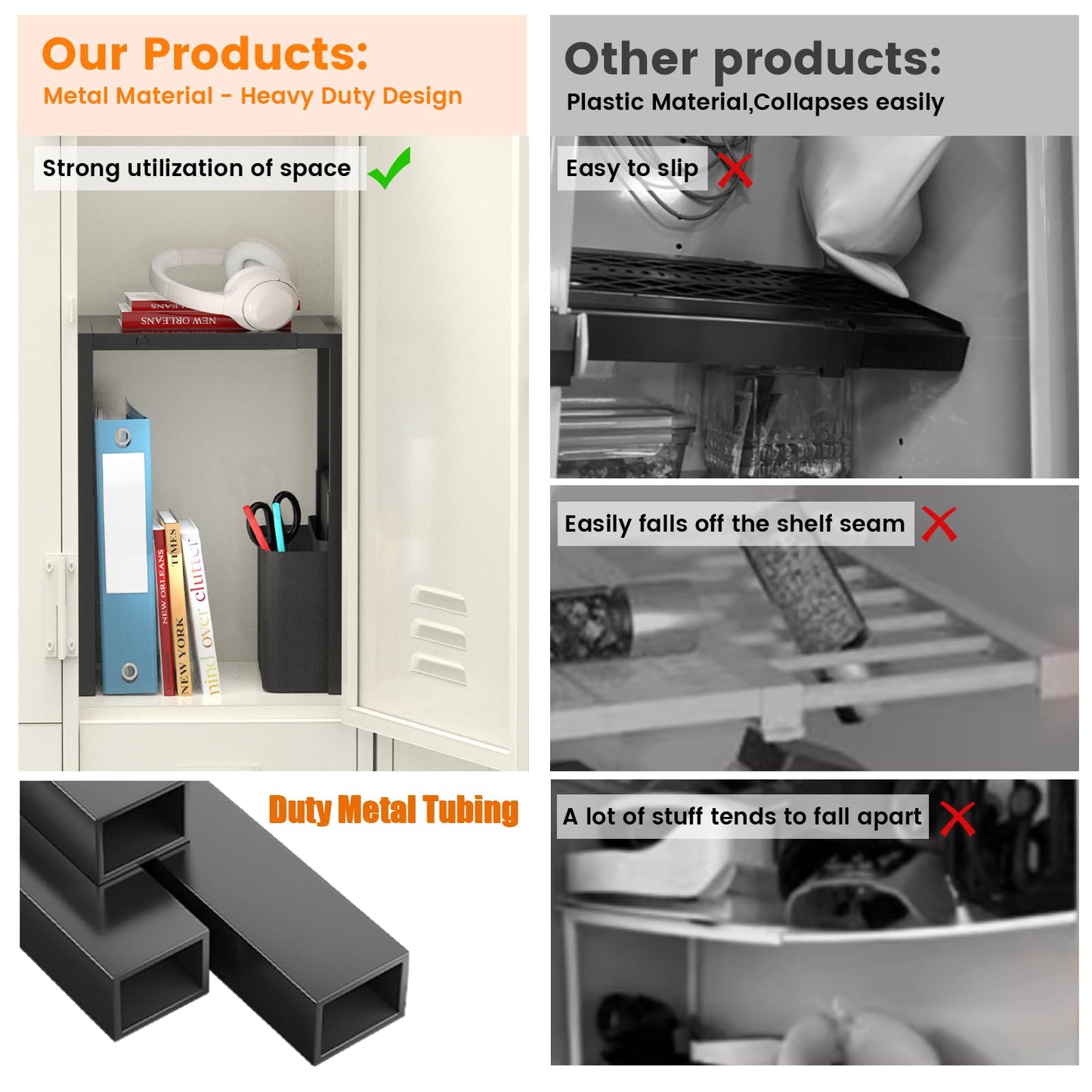 Locker Organizer Shelf, Metal Adjustable Width and Height, Ideal Locker for School, Office, and Gym Lockers, Extends Locker Storage Organization with Pockets, Black