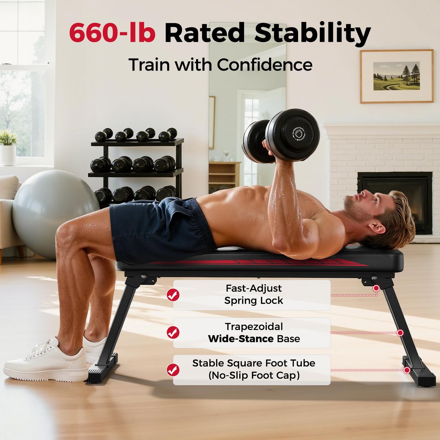 FLYBIRD Foldable Flat Weight Bench For Home Gym, Sturdy Strength Training Workout Bench, Space-saving Bench Press Flat Exercise Bench, Easy to Assemble (A-Red)
