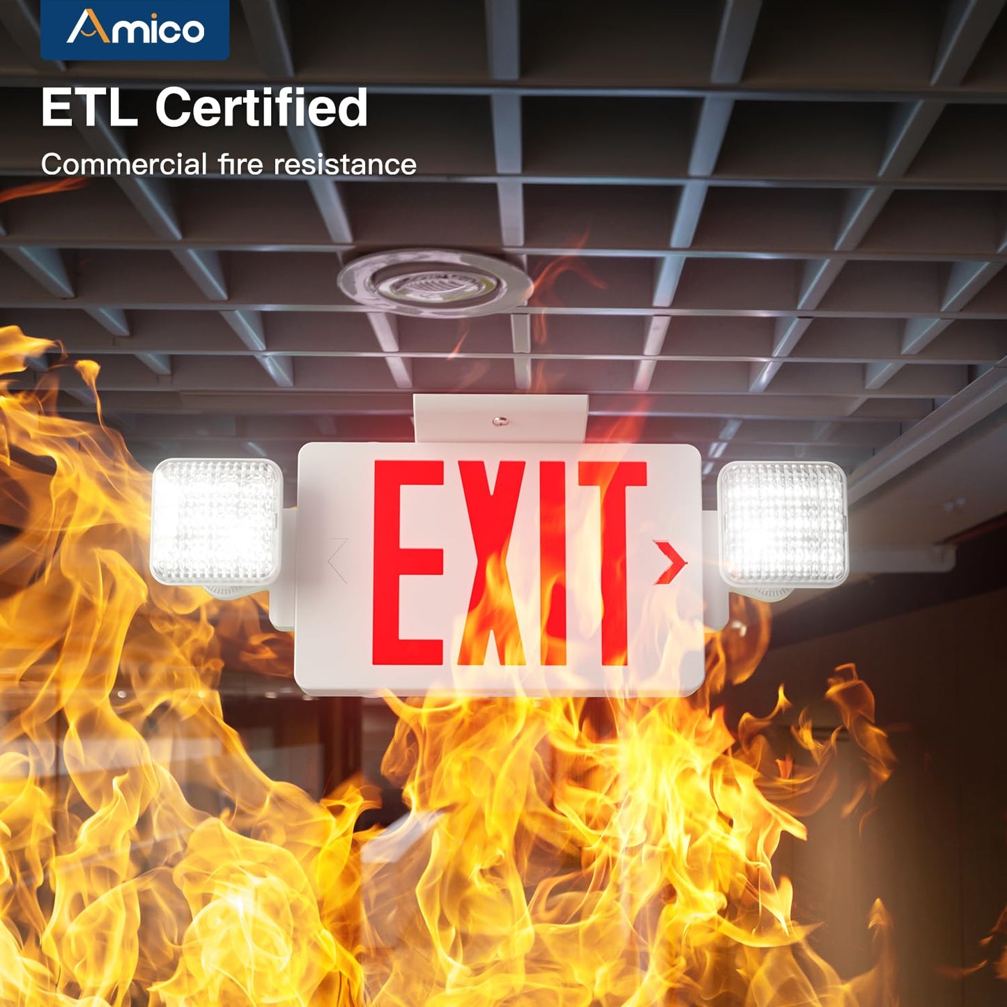 Amico 4 Pack Red Exit Signs with Emergency Lights, Commercial Grade, 94V-0 Fire Resistant Housing, Two LED Adjustable Head, Emergency Exit Sign with Lights Battery Backup, ETL Certified, AC 120/277V
