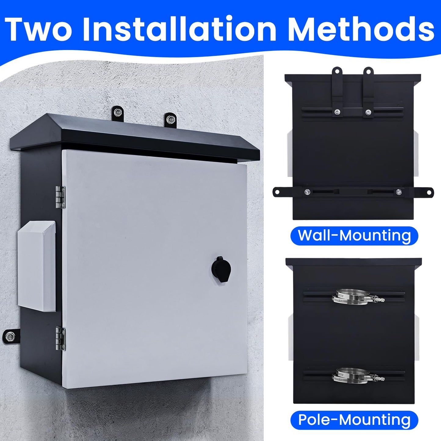 POOAMY Lockable Electrical Enclosure Box, 15.7"x11.8"x7.9", IP65 Waterproof Metal Junction Box with Thermostat and Cooling Fan, Outdoor Electrical Box with Internal Mounting Plate, Grey & White