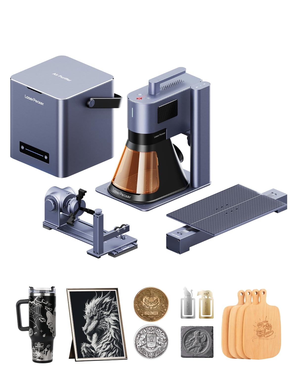 LaserPecker LP5 Smart Dual 20W Fiber + Diode Laser Engraver Cutter with Rotary Extension, Slide Extension & Air Purifier, 3D Embossing, Color Engraving, Ideal for On-site Customization