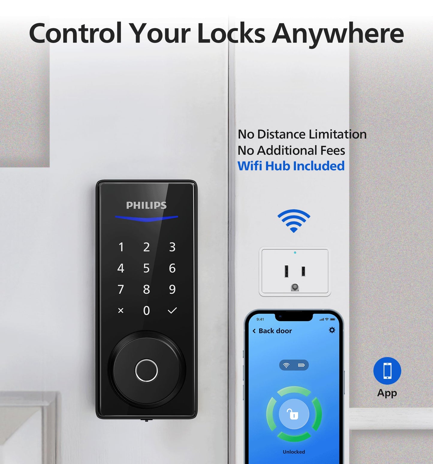 Philips Wi-Fi Smart Door Lock, Keyless Entry Door Lock with App Control,Fingerprint ID,Auto Lock,Keypad Deadbolt with Wi-Fi Bridge Adaptor,Smart Locks for Front Door-Matte Black