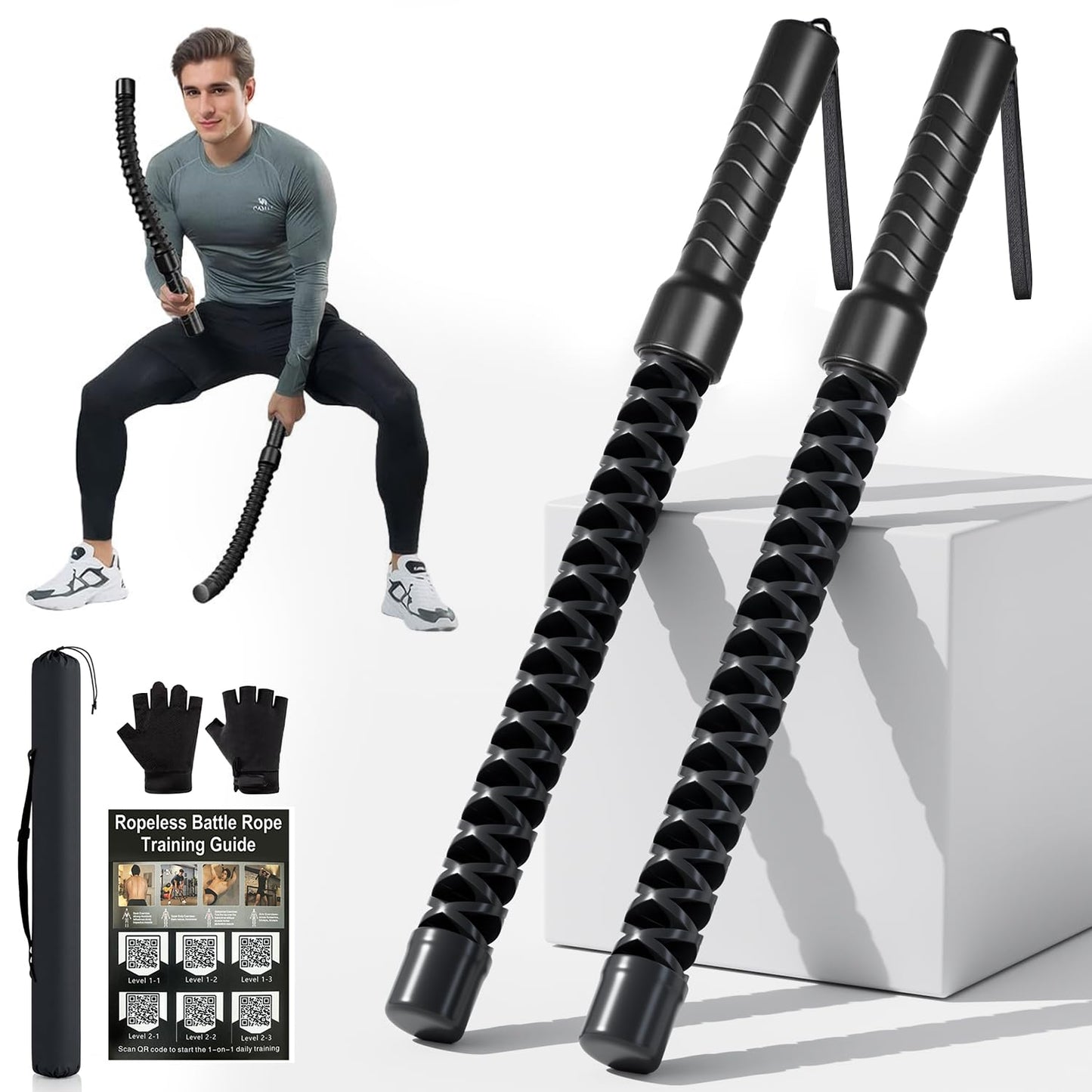 Weighted Ropeless Battle Ropes, Heavy Duty Portable Cordless Battle Ropess for HIIT Workouts, Cardio & Muscle Training, Low-Impact Cardio Training for Men & Women with Non-Slip Gloves