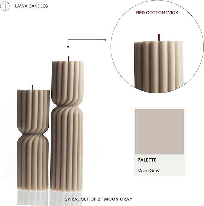 LAWA Spiral Spire Candle - Large Beautiful Handmade Pillar Scented Soy Wax Elegant Bubble Aesthetic Candle Housewarming Gift Home Room Shelf Decor Idea White (Set of 2, Moon Gray)