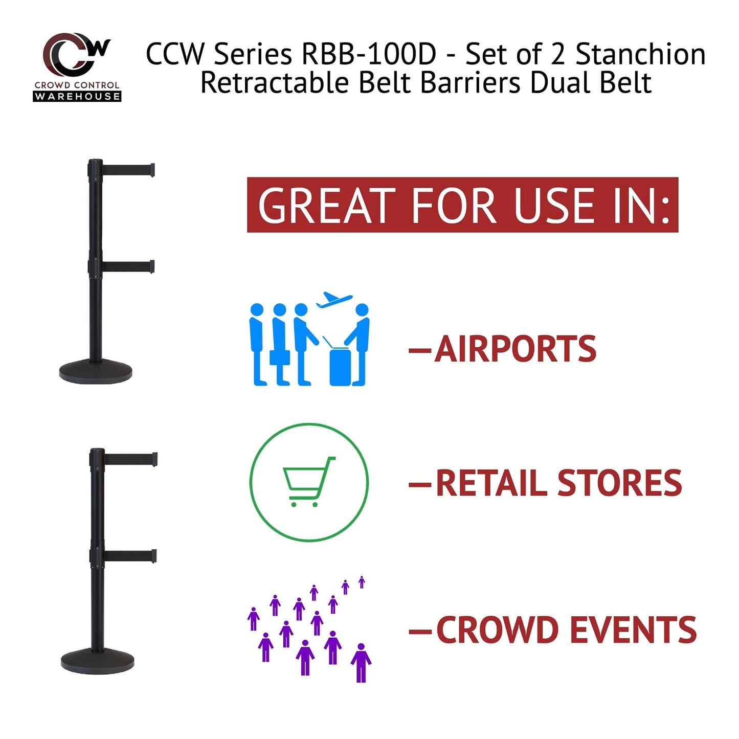 CCW Series RBB-100D - Set of 2 Stanchion Retractable Belt Barriers Dual Belt - Easy to Assemble, No Tools Required (11 Foot Belt, Black Belt with Black Post)