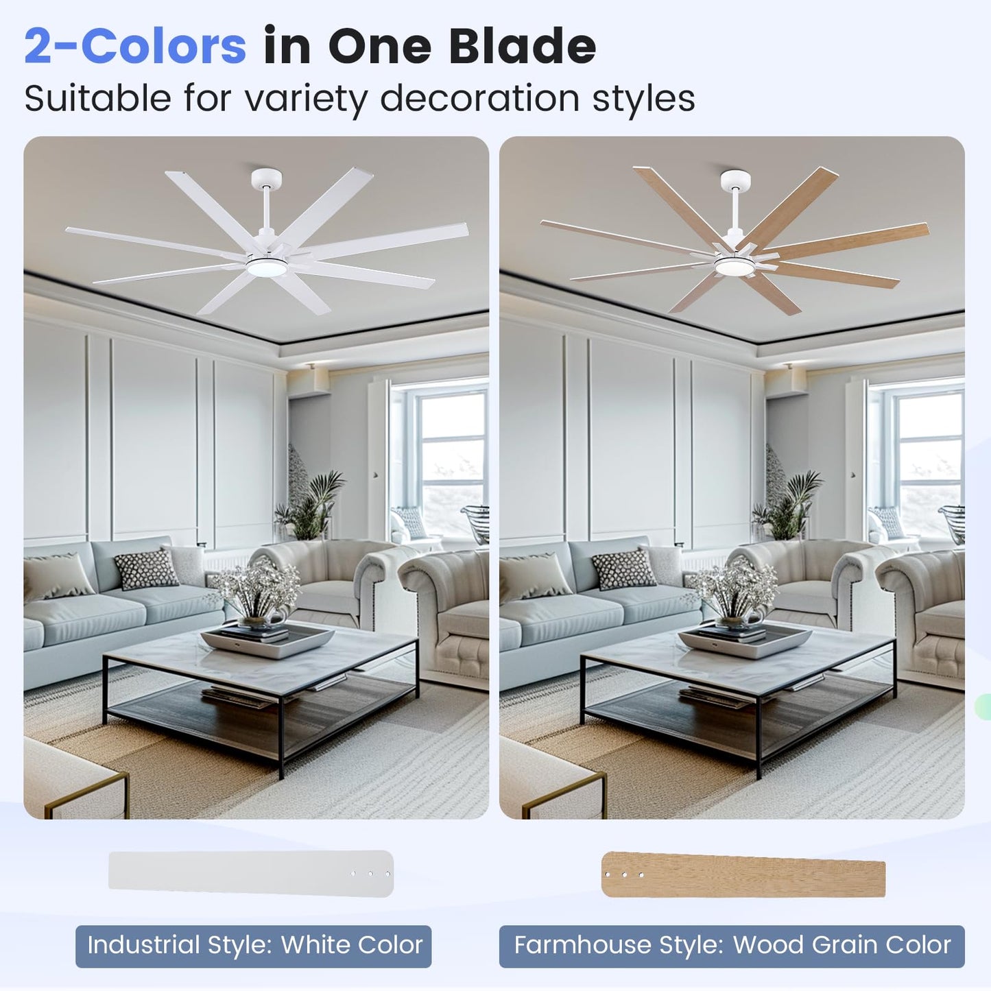 Newday 72 inch Large Ceiling Fans with Lights and Remote, Indoor/Outdoor White Ceiling Fan for Living Room Patio, 6 Speeds Silent Reversible DC Motor, 3CCT, Timer, 3 Downrods, 8 Blades