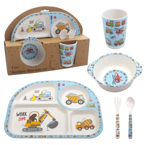 Kids Feeding Set 5 Pcs, Tableware Set for Toddlers Includes Plate Bowl Cup Fork and Spoon Utensil Flatware, Kids Flatware Set Dishwasher Safe, BPA Free (Construction)