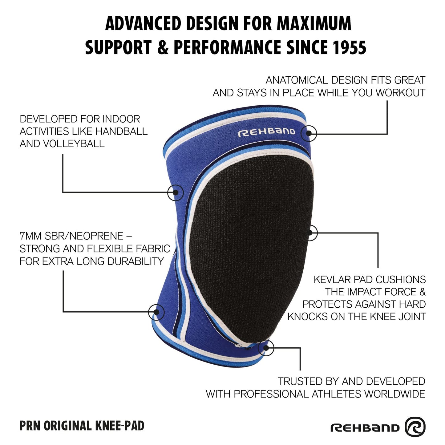 Rehband Original Knee Pads, Neoprene knee protection sleeves for volleyball & indoor sports, Kneepad women & men, Colour:Blue - 1 Pair, Size:Medium