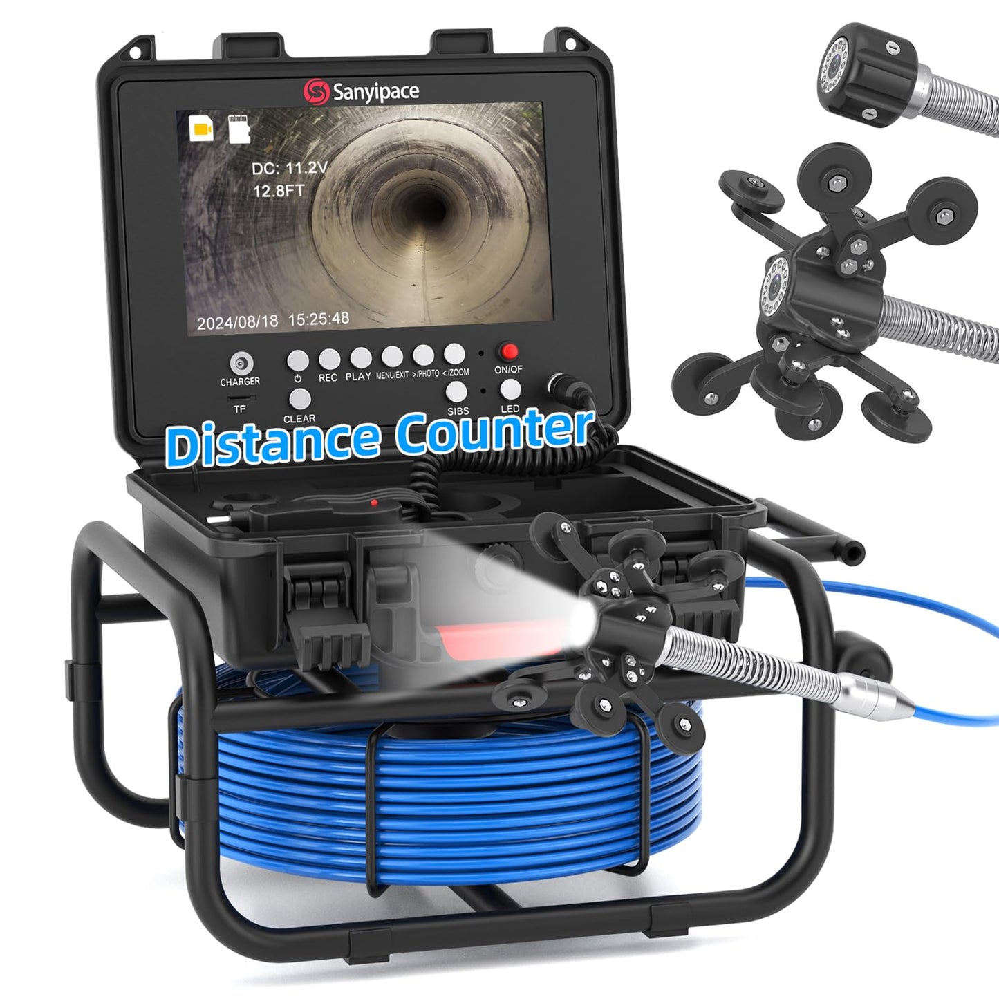 Sanyipace Drain Camera 100FT/30M, 23mm/0.9in FHD Sewer Inspection Camera, 5X Zoom, Distance Counter, 9" IPS Screen, DVR & Voice Recorder, 16GB Card, for Sewer Line, Pipe, Duct, Plumbing, Plumber, Home