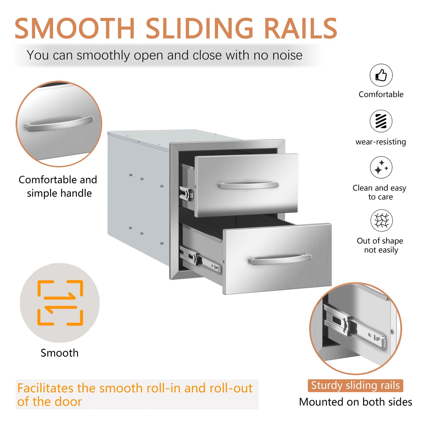 RAILEN Outdoor Kitchen Drawers 14" W x 15" H x 23" D Built-in BBQ Drawer Stainless Steel Access Drawers for Outdoor Kitchen Island or Grill Station