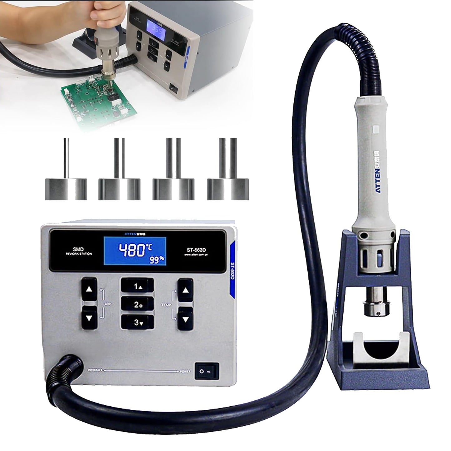 ATTEN ST-862D Hot Air Rework Station, 1000W Hot Air Soldering Station with Auto Sleep Function, Equipped with Large LCD Display & 4Air Nozzles, Suitable for Micro Soldering Rework