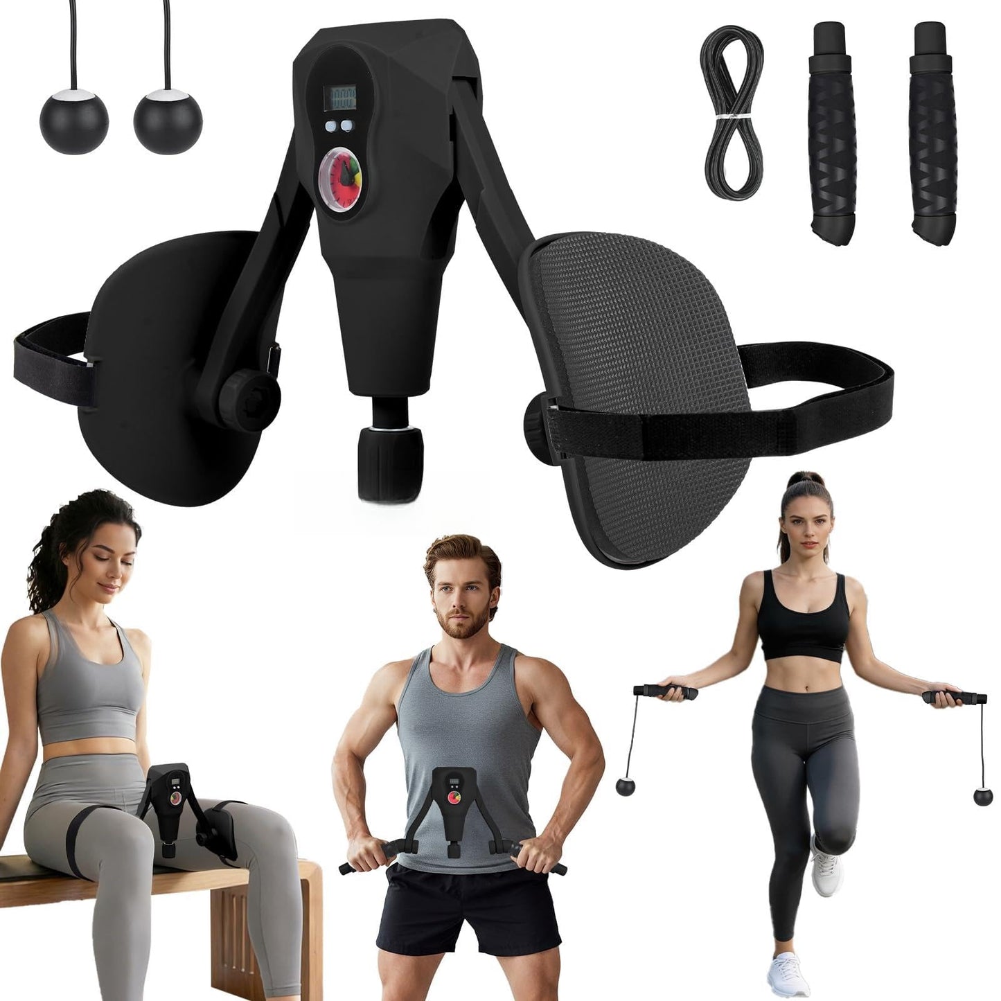 Abahub Inner Thigh Trainer with Display Counter, 0-132 LBF Adjustable Resistance Pelvic Floor Muscle Exerciser, Home Gym Kegel Trainer Includes Bands, Arm Workout Handles & Wireless Jump Rope, Black