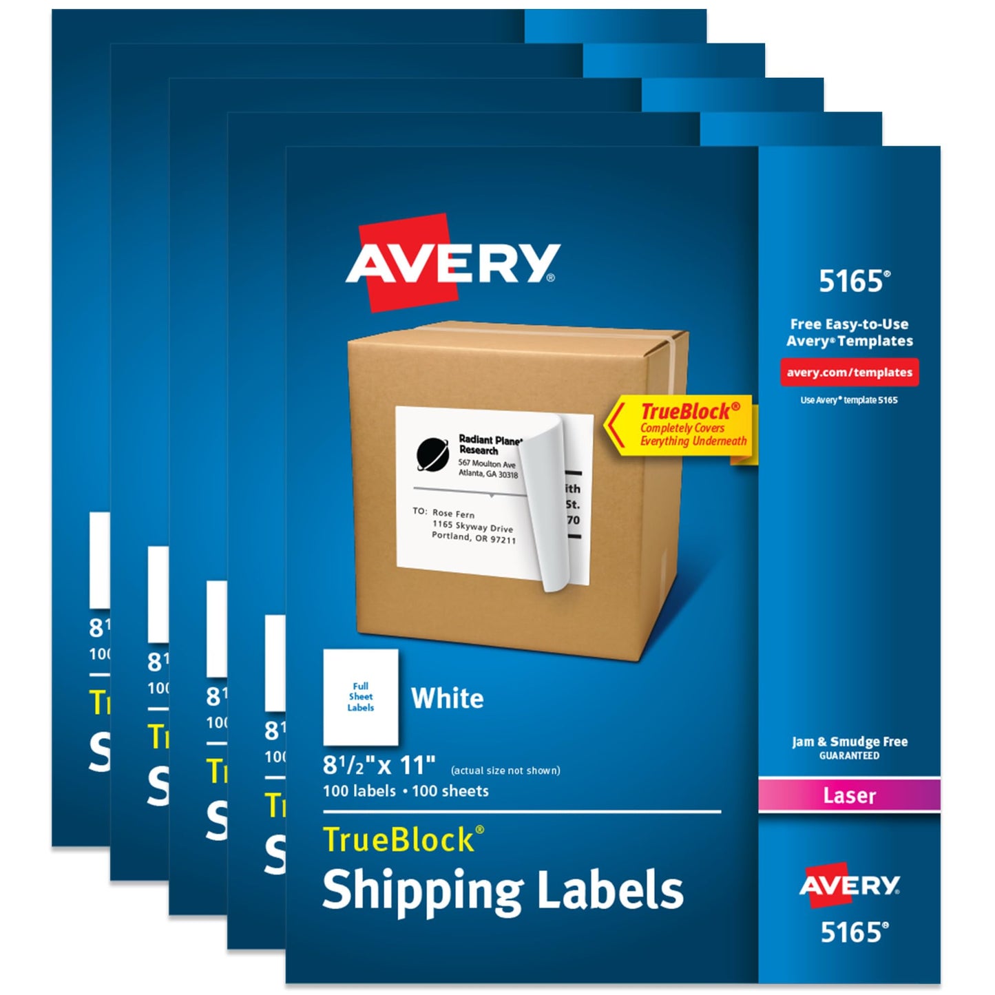 Avery Full-Sheet Printable Shipping Labels, 8.5" x 11" Customizable Stickers, White, 500 Blank Mailing Labels, Great for Mailing, Shipping, Organizing, and More (5-Pack of 5165)