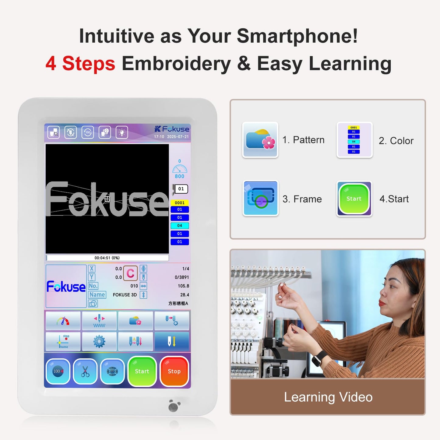 Fokuse brand FKS-1001 Commercial Embroidery Machine with 10 needle, Embroidery Area 14.2"x9.5", 1200SPM Max Speed, 7" Touch Screen, suitable for T-shirt, Hat, Flat, Bag and more