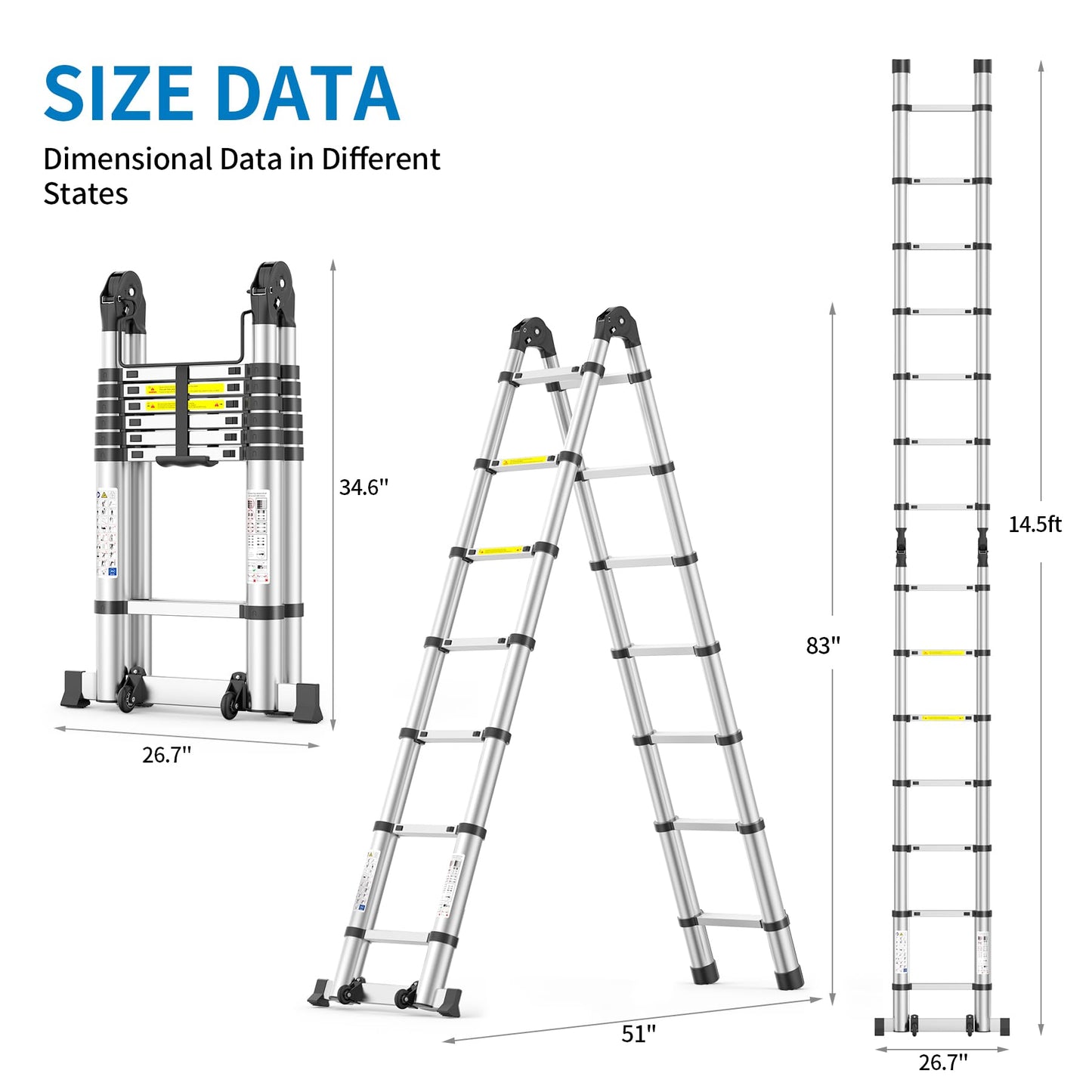 Telescoping Ladder,14.5 FT Extension Ladder, Heavy Duty 330lbs Max Capacity, Multi-Purpose Collapsible Ladder for RV or Outdoor Work