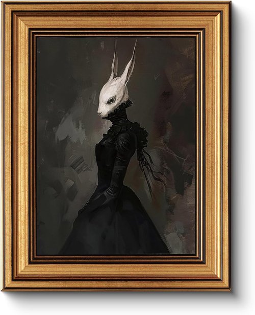 HUARCEY Vintage Wall Art - Gold Framed Gothic Rabbit Lady Canvas Print | Aesthetic Dark Academia 8x10in