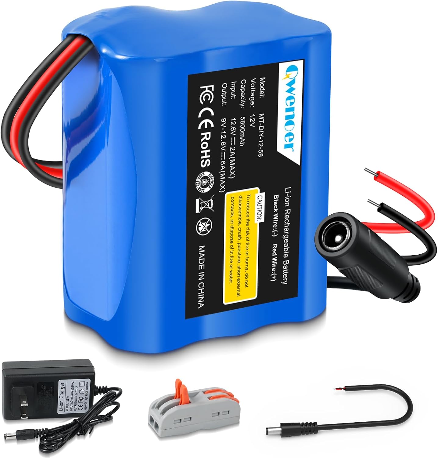 Qwenoer 5800mAh 12V 12V Pack 12 12Volt 12 Lithium Battery, Battery with Volt Battery Charger and Bare Leads Wire