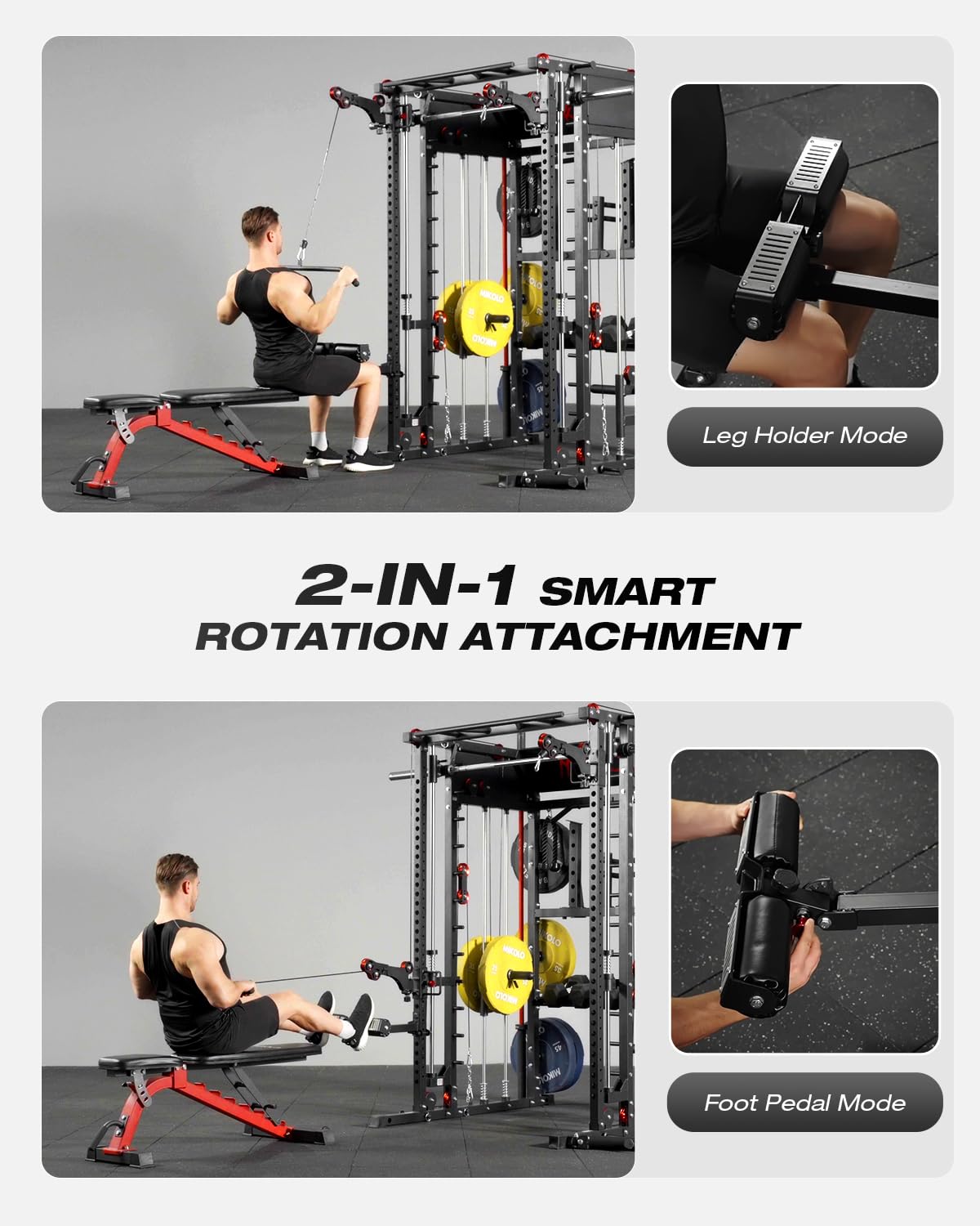 Mikolo Smith Machine, Multi-Function Power Cage with Dual Pulley System, Vertical Leg Press Attachment, Squat Rack Power Rack with More Training Attachment for Home Gym (M10 with Pivot Arm)