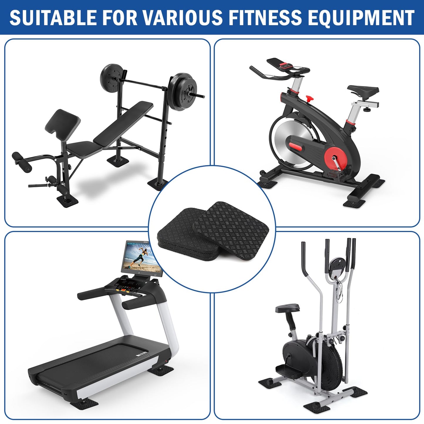 4 Pcs Walking Pad Mat, Treadmill Mat Pads, 4" x 4" x 0.2" Double-Sided Non-Slip Exercise Equipment Mat, High Density Silicone Anti Vibration Pad for Protect Floors, Noise Reduction