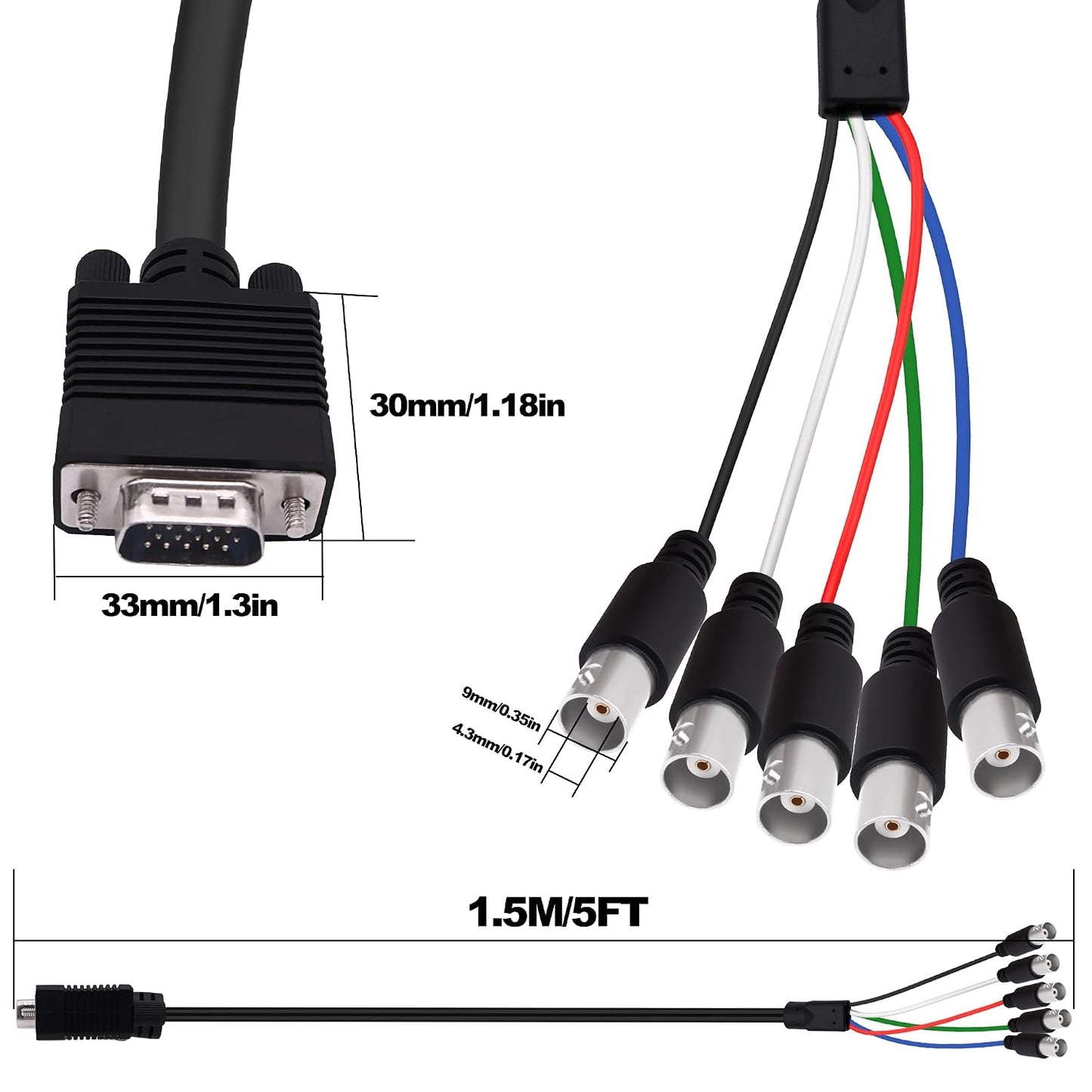 CybNemo 5BNC 15 5 -1.5M/5FT VGA to Video Signal Cable HD VGA Male to BNC Female RGBHV Coaxial Monitor Breakout Cord