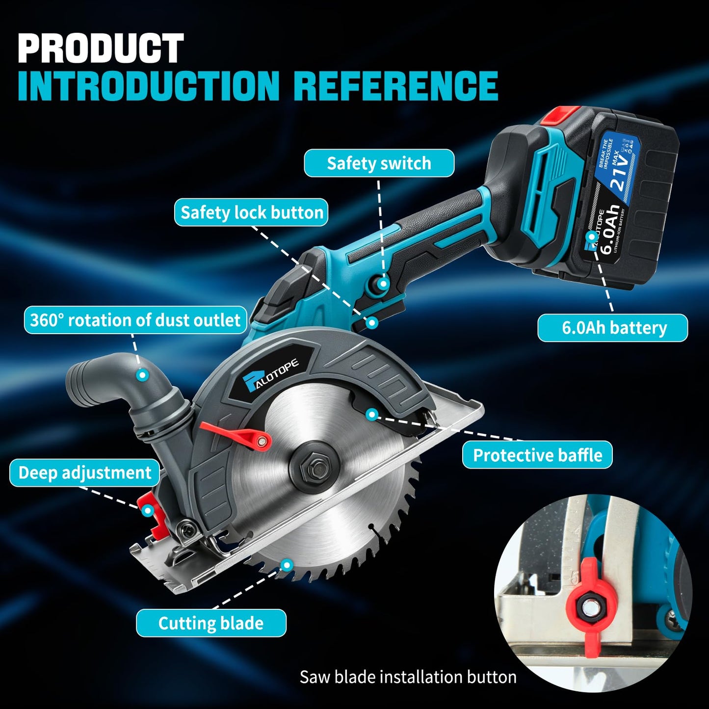 Palotope 6" Cordless Circular Saw,6900 RPM Power Wood Saw with 2 X 6.0Ah Batteries, 6" Alloy Blade, 2.2"(90°)1.5"(45°) Max Cutting Depth,Portable Table Saw for Wood,Home Renovation