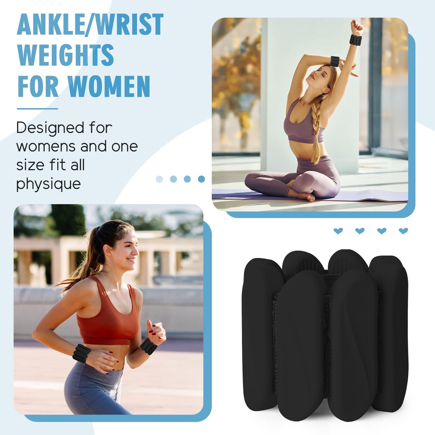 Wrist Weights, 2Pack Wearable Wrist Ankle Weights for Women and Men, Adjustable Silicone Arm and Leg Wrist Bracelets for Walking, Yoga, Pilates and Gym, 2lb (Black)