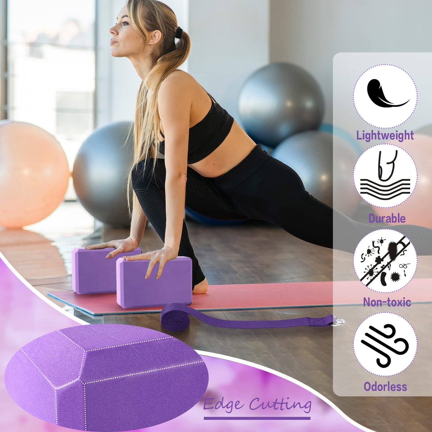 Outus 20 Pack Yoga Blocks and Straps Non-Slip EVA Foam Blocks with Metal D Ring Straps for Gym Exercise and Workout(Purple)
