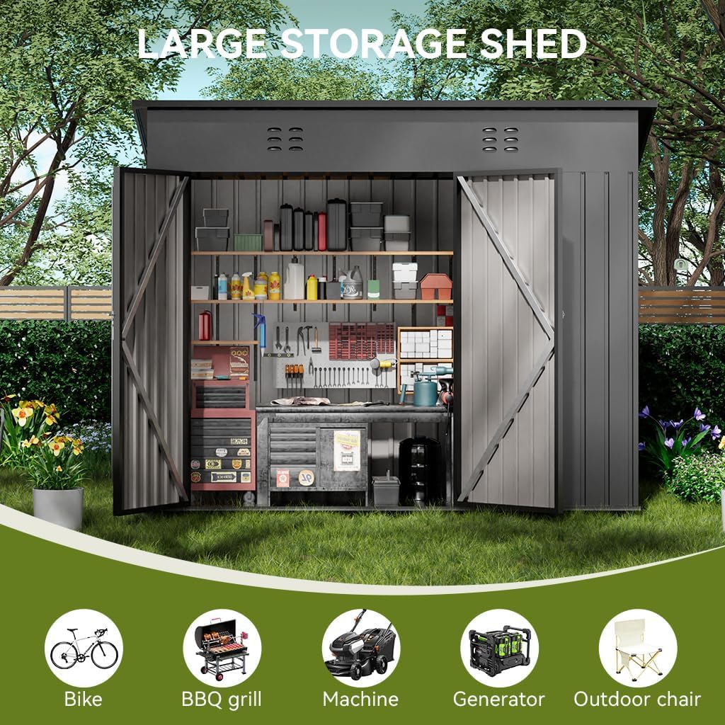 COMHOMA Shed Outdoor Storage Shed Metal,Lockable Doors Tool Sheds with Sloping Roof,Steel Garden Shed with Air Vent for Backyard,Patio,Lawn,Poolside(Grey,8'*4')