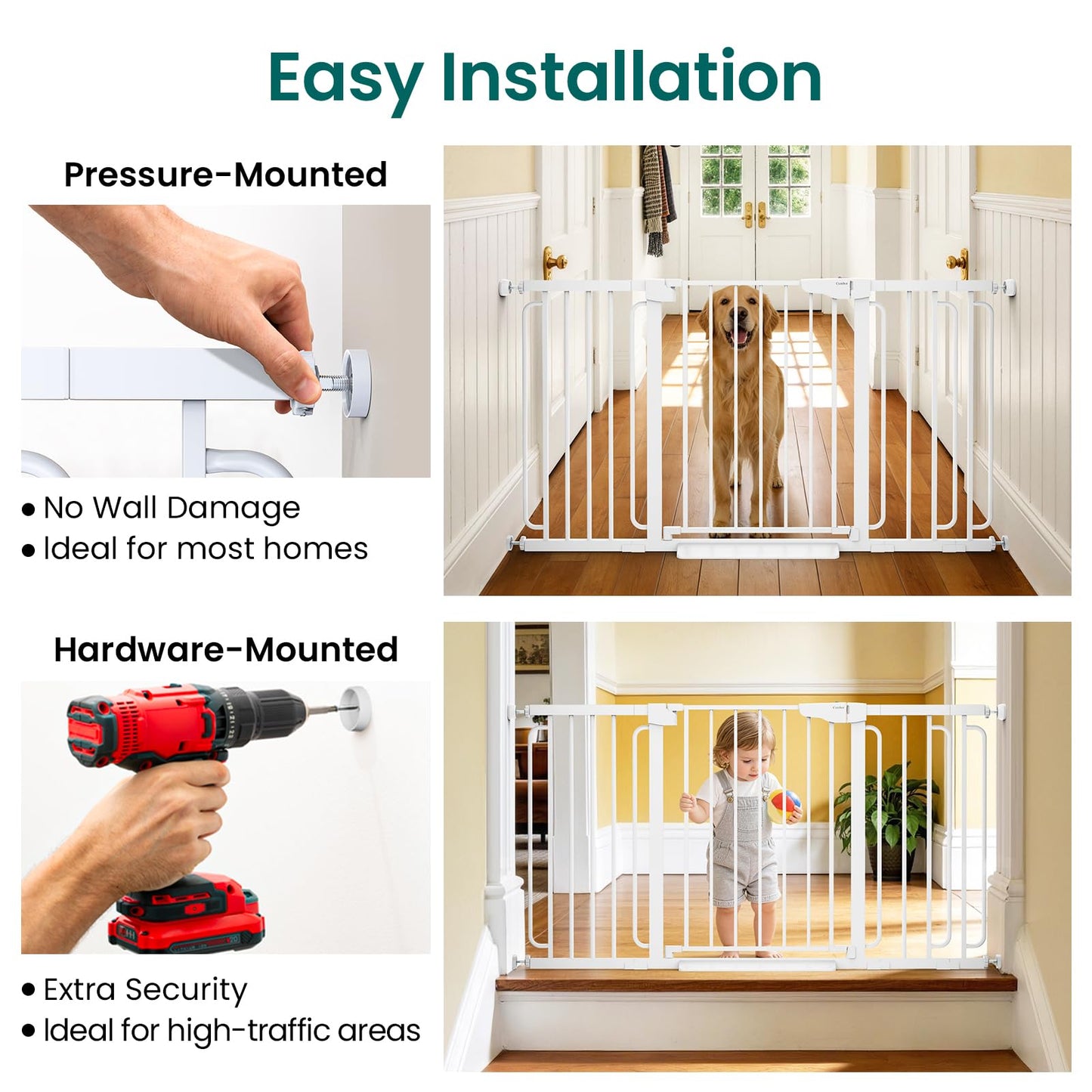Cumbor 30.4-56.8" Extra Wide Baby Gate for Stairs, Dual Lock & Self-Closing Dog Gate Indoor, Easy Install Pet Gate for Doorways & Wide Openings, Easy Walk Thru Safety Proofing for Babies & Pets, White