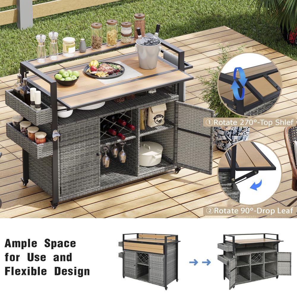 Dfchlda 52.8" Wicker Outdoor Grill Cart with Extended Plastic Wood Table Top, Rolling Kitchen Island with Storage Cabinet, Double Handle Design for Patio, Backyard, Garden, Poolside(Grey)