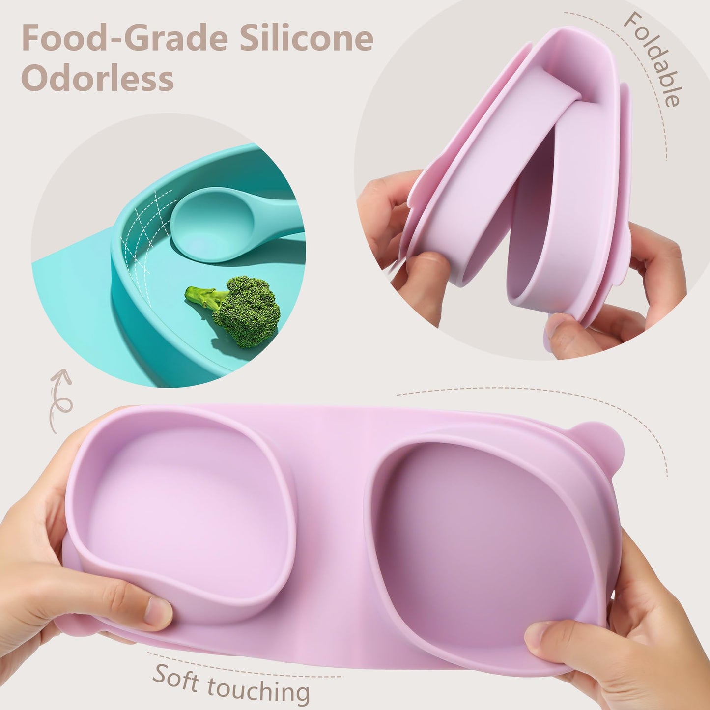 yahaa Baby Plates with Suction with Forks and Spoons, Foldable Silicone Toddler Plates, Baby Travel Essential, Microwave & Dishwasher Safe, Purple