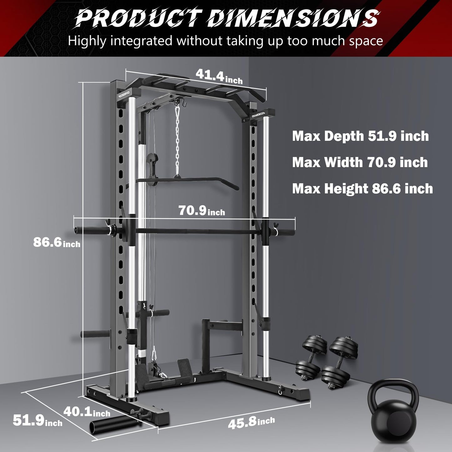 OPPSDECOR Smith Machine Squat Rack with LAT-Pull Down Multifunctional Power Rack with Cable Crossover Machine Power Cage with Barbell Bar Full Body Training Attachments for Home & Garage Gym (Grey)