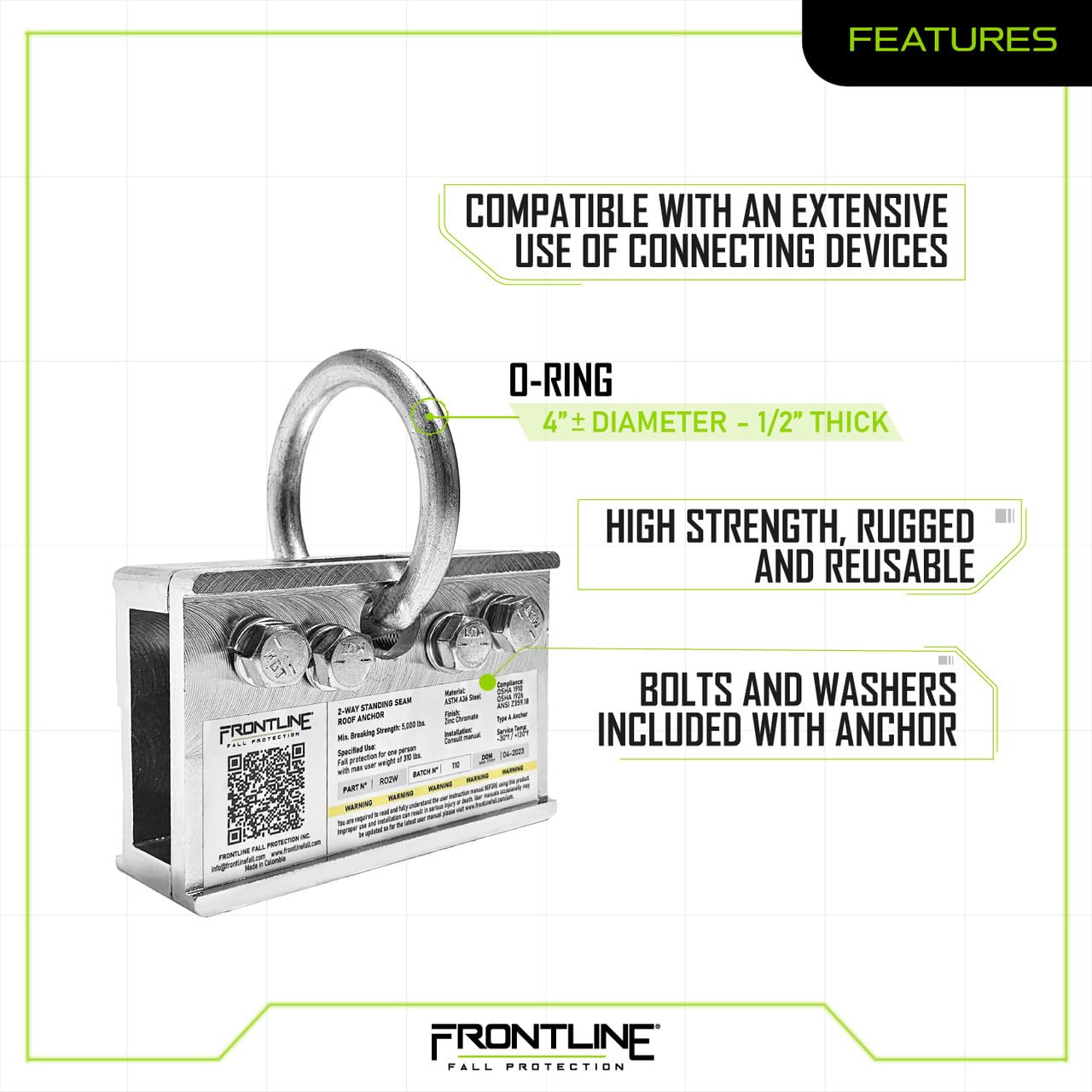 Frontline RO2W 2-Way Standing Seam Roof Anchor Clamp | Rugged, Reusable & Compact | OSHA & ANSI Compliant Steel anchor | Strength Rating: 5,000 lbs | Bolts and washers included