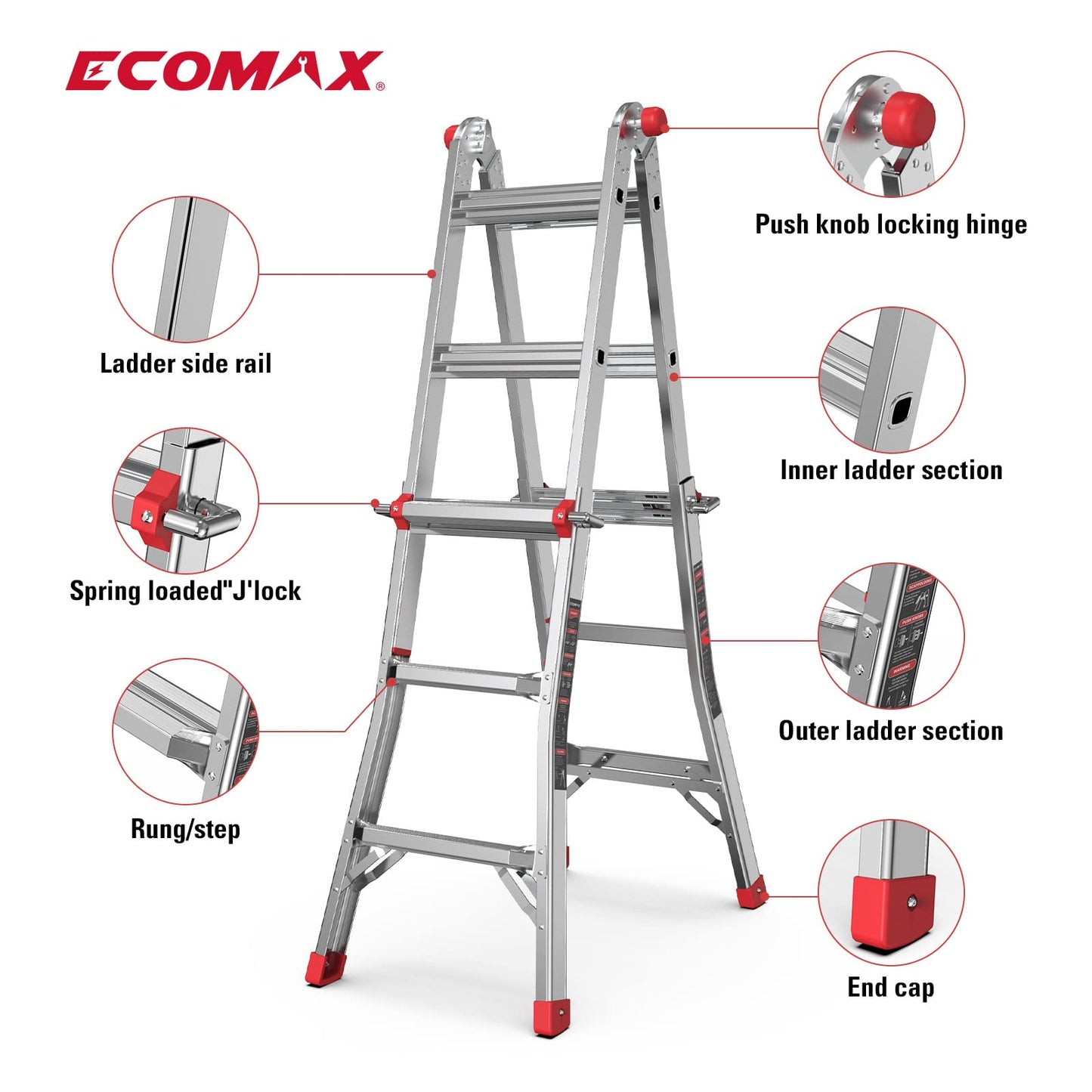 ECOMAX Folding Ladder, 13 ft Aluminum Extension Ladder, 300 lbs Load Capacity, Portable Telescoping Ladder with Non-Slip Rubber, Multi-Position Step Ladders, for Working Indoor/Outdoor EM4X3L2