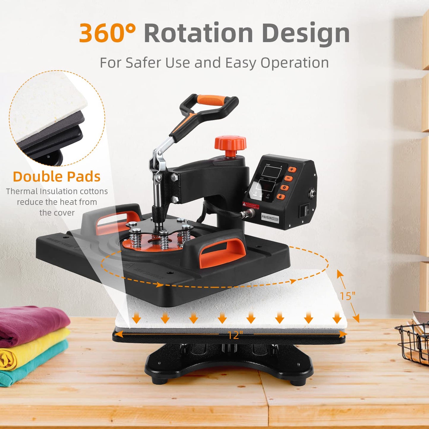 PIONEERWORKS Heat Press Machine 12 X 15 inch, 6 in 1 Shirt Printing Heat Transfer Machine 360° Swing Away, Digital Industrial-Quality Shirt Pressing Machine for Shirt, Hat, Mug, Plate, Orange