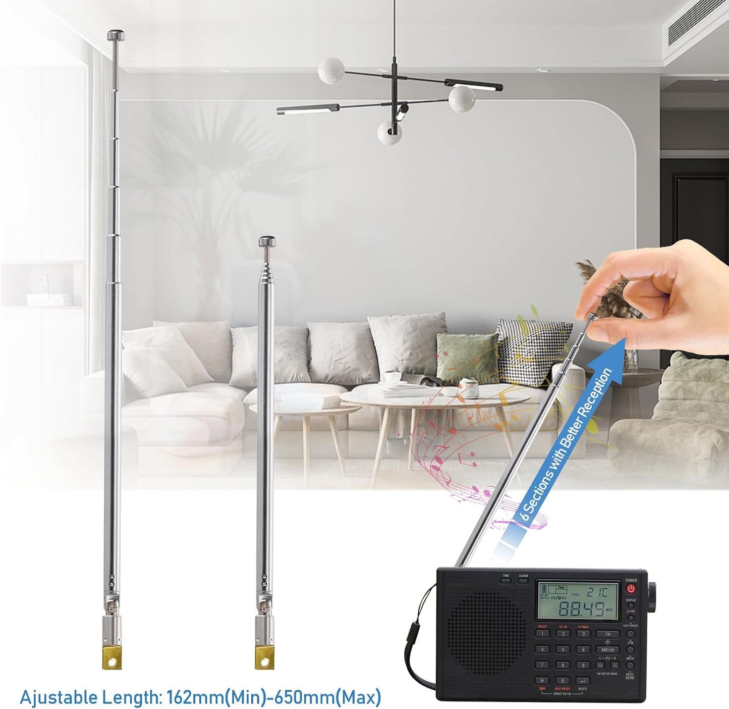 BINGFU 6 65cm (2-Pack) Sections Telescopic AM FM Antenna Portable Radio Antenna Replacement Compatible with Indoor