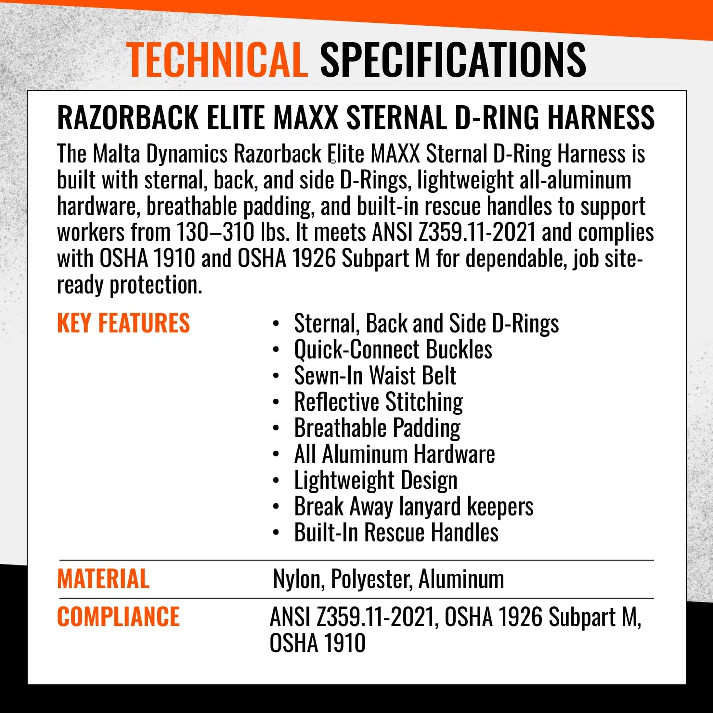 Malta Dynamics Razorback Elite MAXX - Safety Harness and Fall Protection Kit with Sewn in Lumbar Support Belt and Built-in Rescue Handles for Fall Arrest, OSHA & ANSI Compliant (Small-Medium)