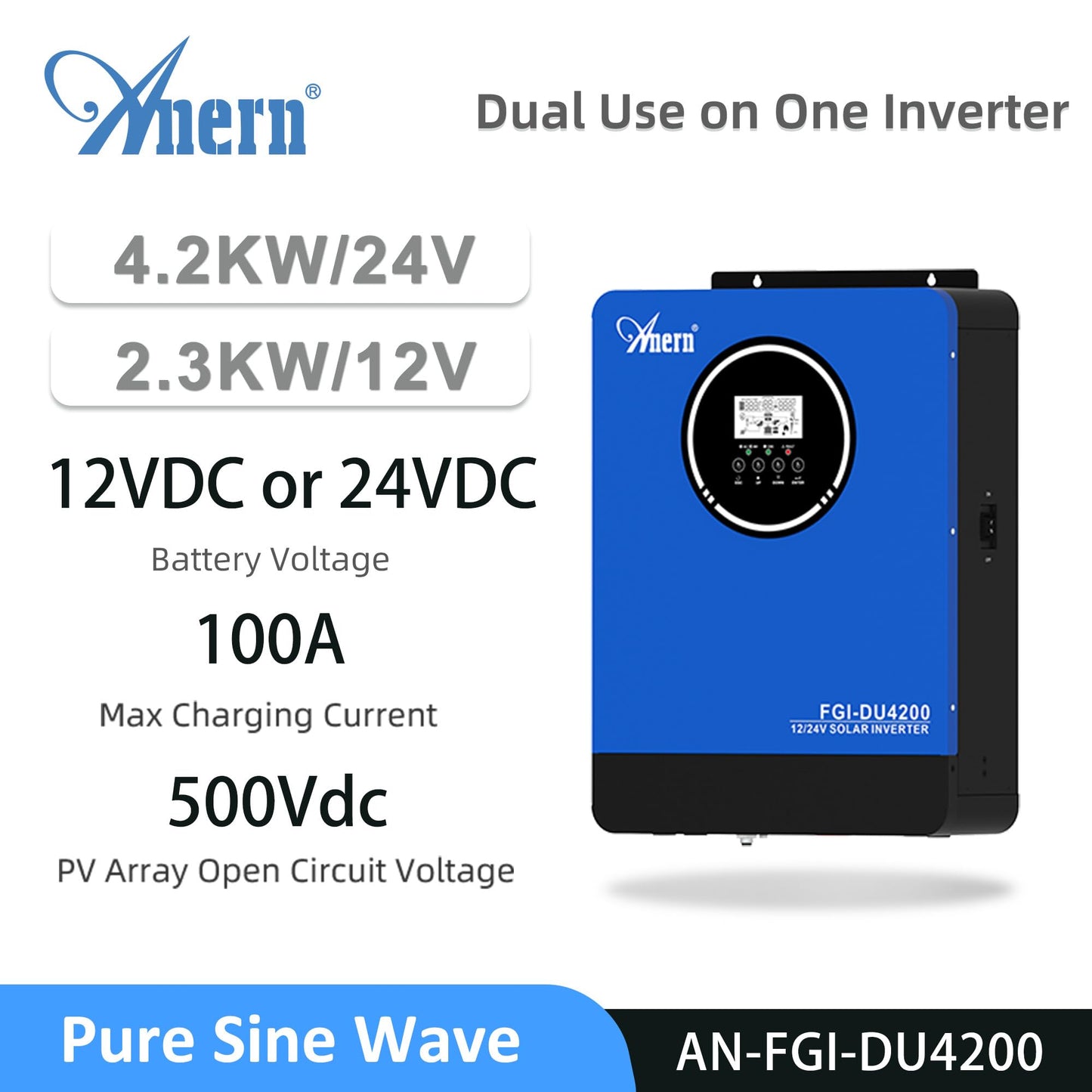 Anern Dual Voltage Hybrid Solar Inverter 4200W AC230V to DC12V/24V, Pure Sine Wave Off-Grid Inverter with 120A MPPT Solar Charge Controller, Max PV Power 4000W Input for Lithium Lead-Acid Gel Battery