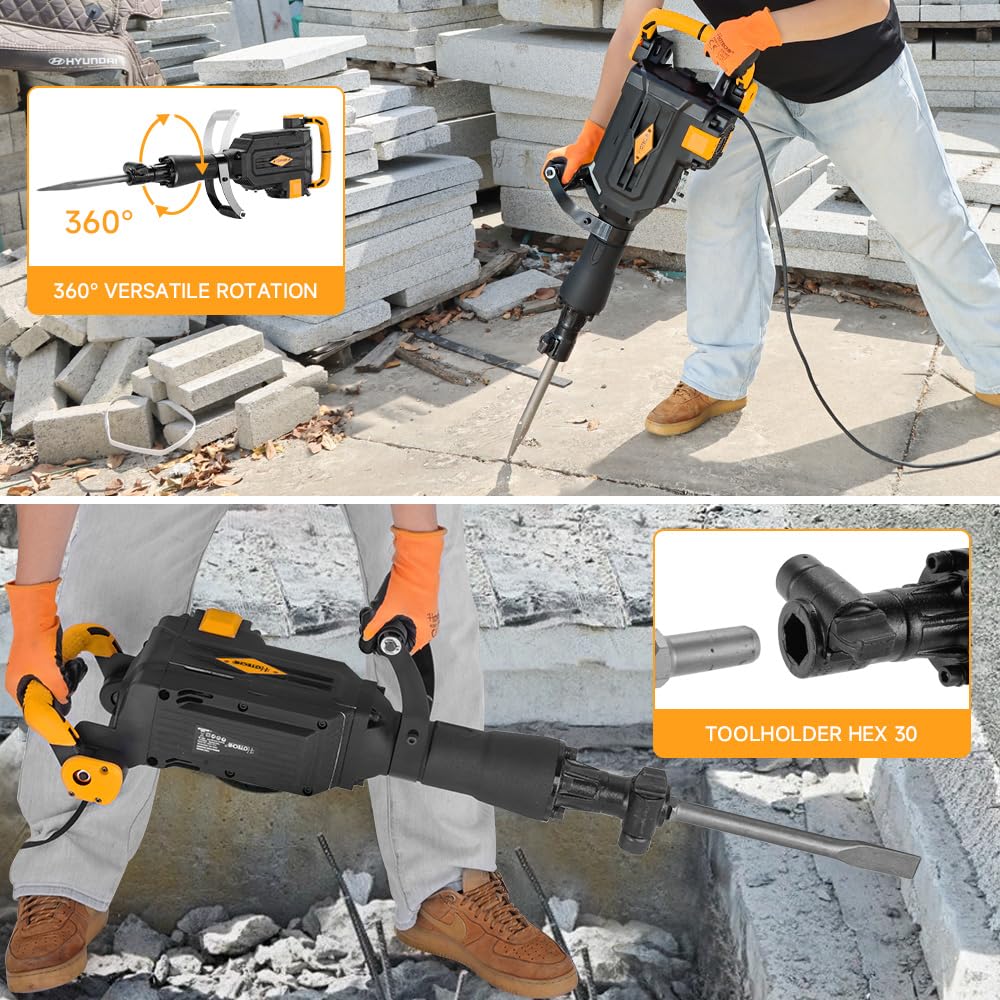Hoteche 1800W Demolition Electric Jack Hammer 1800 BPM Heavy Duty Concrete Breaker with Point and Flat Chisel