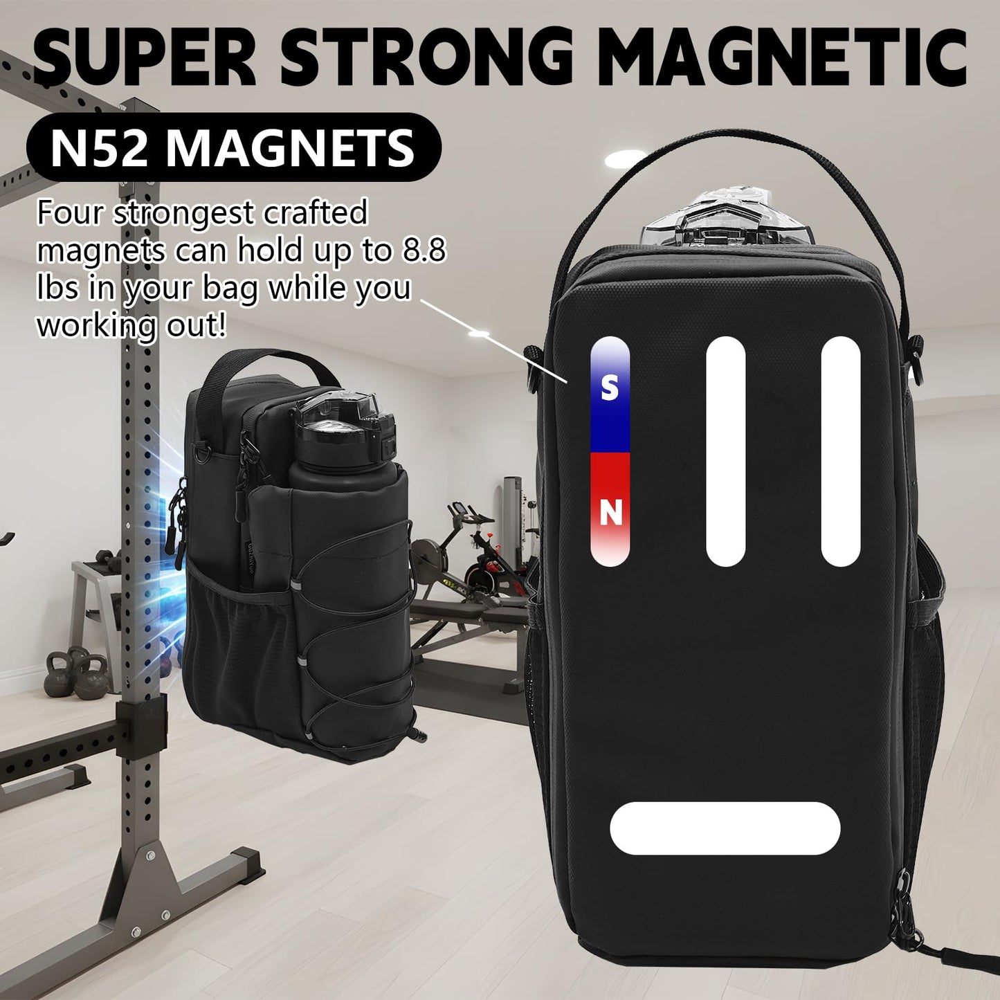 Magnetic Gym Water Bottle Bag with Phone Holder for Men, Magnetic Gym Bag Attaches to Equipment, Holds Water Bottle, Phone & Essentials for Workout, Training & Fitness