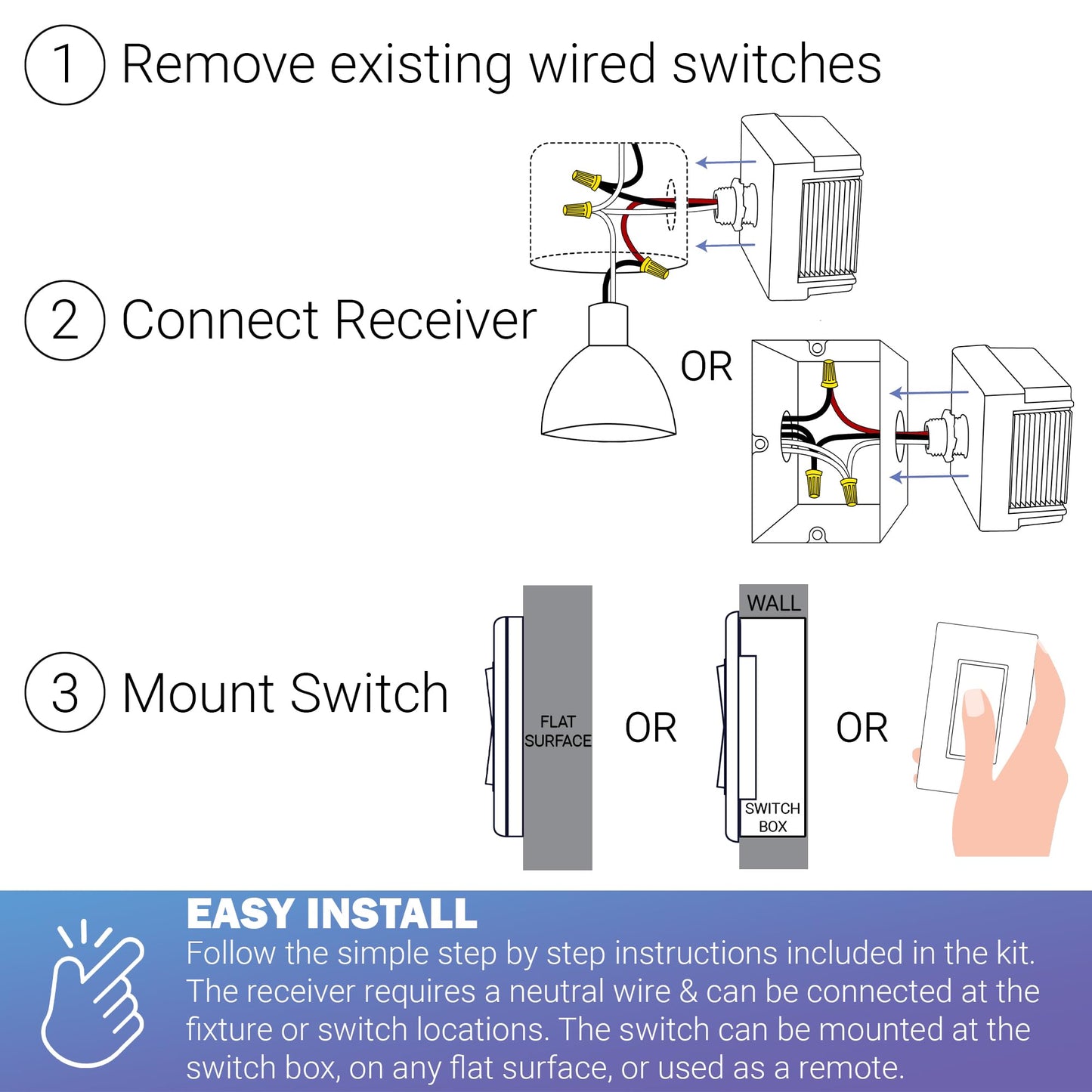 RunLessWire Battery-Free 3-Way Dimming Wireless Light Switch Kit for DIY Electrical Home 150ft Range 2 Remote Switches & 1 120VAC Dimmer Receiver – White