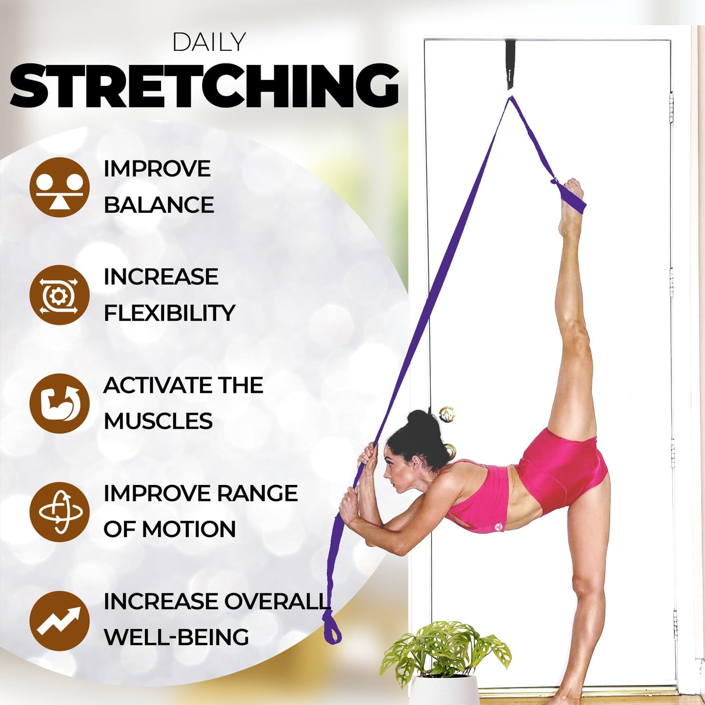 Pilates Stretching Strap with Door Anchor - Flexibility Equipment for Pilates Practitioners - Ideal for Improving Leg Flexibility, Core Stability, and Posture Alignment at Home (Purple)