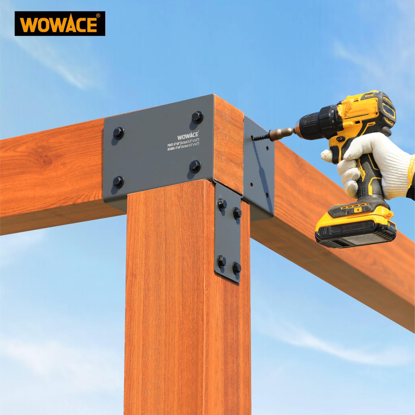 WOWACE 4 Pack 4x6 (Actual 3.5"x5.5") Heavy Duty Stainless Steel Pergola Brackets - Corner Post to Beam Connector for Gazebos, Patio Decks, Porches - Wood Post Cap Tie Bracket (Dark Gray)