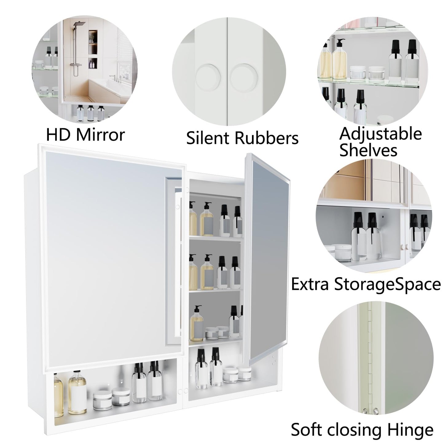 HESONTH 32x26 Inch Bathroom Medicine Cabinet with Mirror, Double Door Wall Mounted Storage with Extra Drawers, Bevel Edge Mirror, Adjustable Shelves, for Recessed or Surface Mount Installation