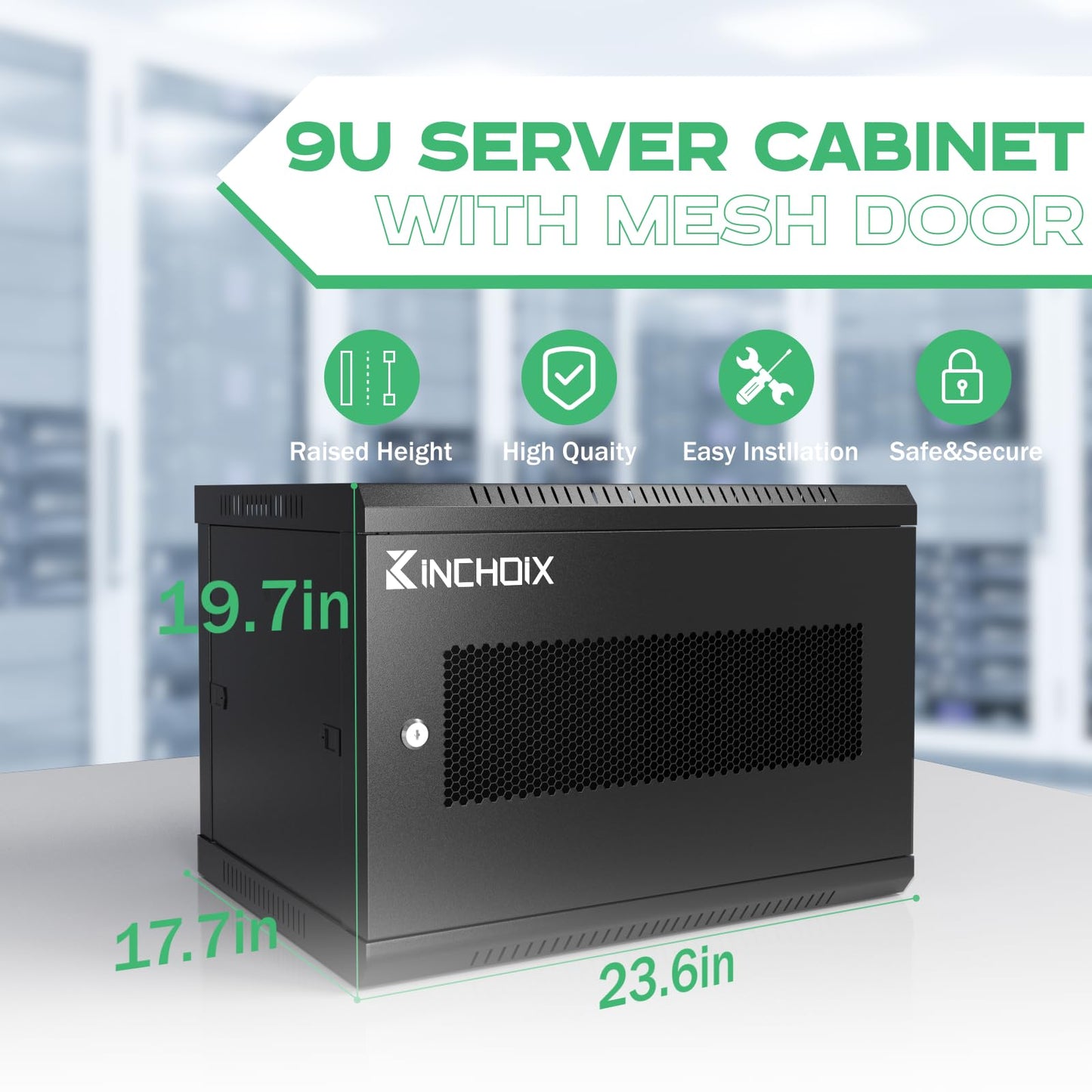 Kinchoix Wall Mount Network Server Cabinet 9U Network Rack Enclosure for Computer Routers Switches Networking Electronic Equipment, Removable Side Panels & Locks, 19.7in Depth