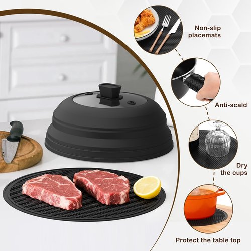 Lzerking Microwave Splatter Cover & Silicone Mat, 10.8 inch Glass Splatter Guard Lid with Collapsible Silicone for Food, Fits 6-10 inch Pot Plate Bowl, Heat Resistant, Dishwasher Safe, Kitchen, Black