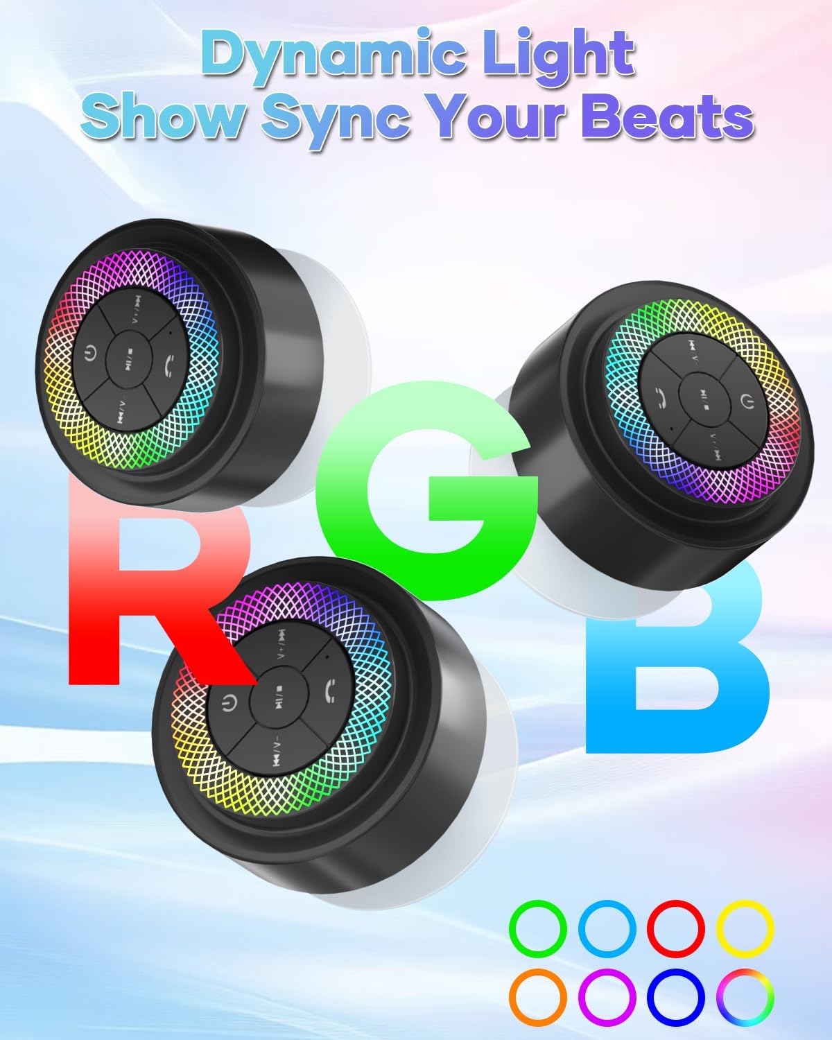 ssouwao IP67 Bluetooth Shower Speaker, Waterproof Portable Speakers with Suction Cup, Lights Show, Built-in Mic, Mini