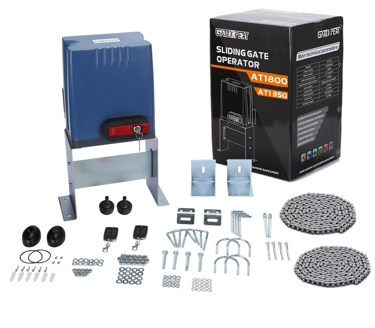 GATEXPERT Sliding Gate Opener with Remote Controls & Security Photocell Sensor,Chain Driven AC Motor for Gate up to 1350lb (AT1350 Automatic Gate Opener Kit)