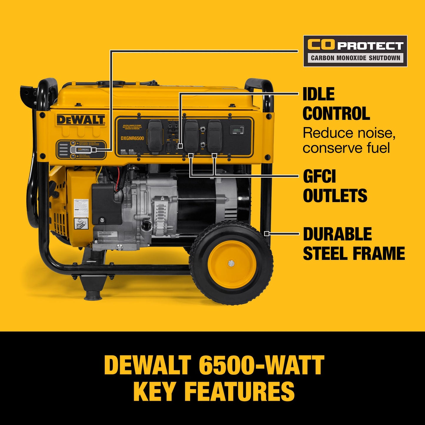 DeWalt 8,750 Starting Watt Portable Gas Generator, 389cc Engine, Idle Control Technology, CO Protect Safety, GFCI Outlets, Never-Flat Wheels Emergency Home Backup Jobsite Power, 49 State